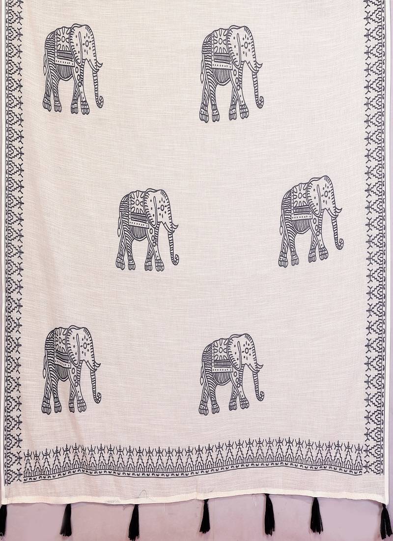 white color printed work cotton blend saree