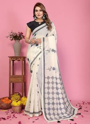 white color printed work cotton blend saree 1