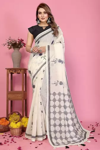 white color printed work cotton blend saree