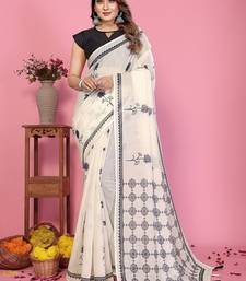white color printed work cotton blend saree