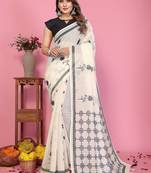 white color printed work cotton blend saree