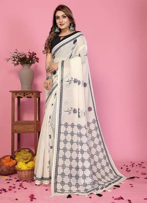 white color printed work cotton blend saree 2