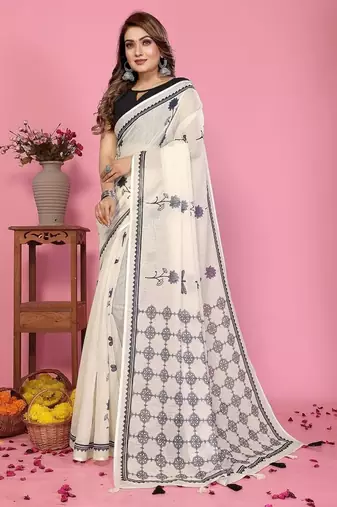 white color printed work cotton blend saree