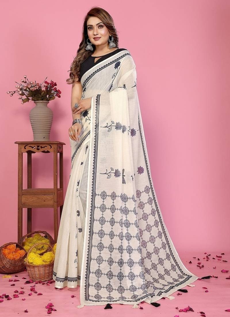 white color printed work cotton blend saree