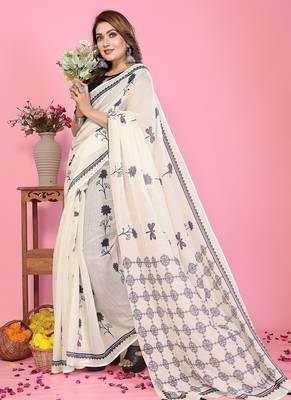 white color printed work cotton blend saree 3