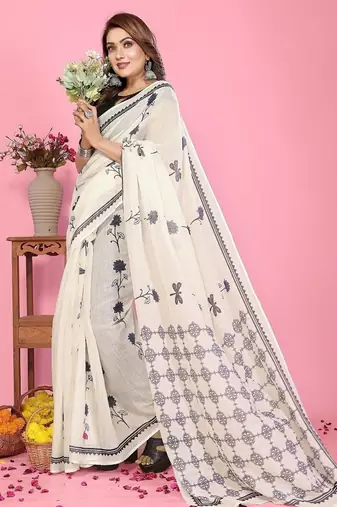 white color printed work cotton blend saree