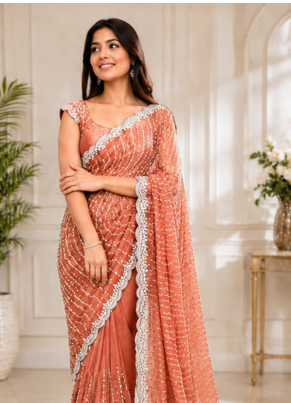 Light Orange Color Original beeds work Space Silk Blend Saree 1