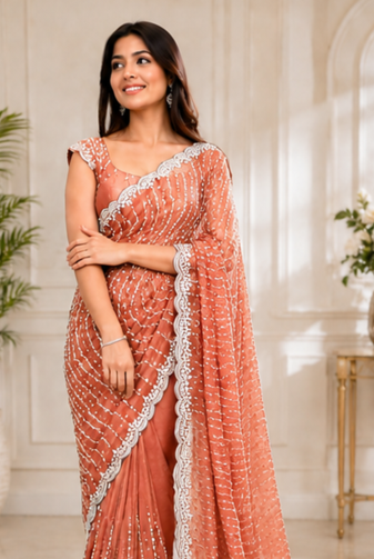 Light Orange Color Original beeds work Space Silk Blend Saree