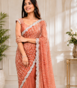 Light Orange Color Original beeds work Space Silk Blend Saree
