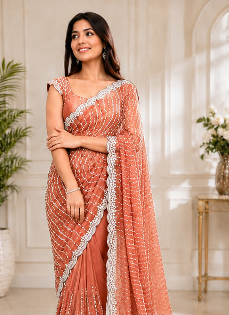 Light Orange Color Original beeds work Space Silk Blend Saree