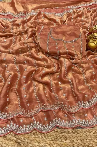 Light Orange Color Original beeds work Space Silk Blend Saree