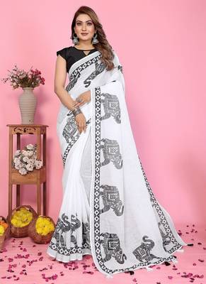 white color printed work cotton blend saree 1