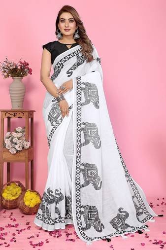 white printed work cotton blend saree