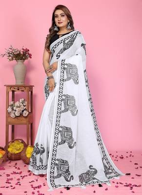 white color printed work cotton blend saree 2