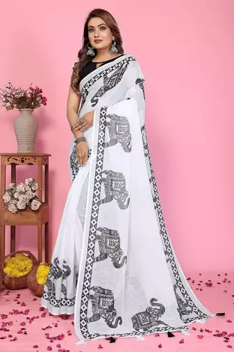 white color printed work cotton blend saree