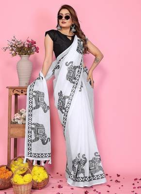 white color printed work cotton blend saree 3