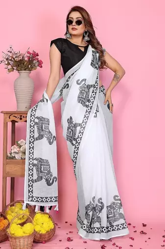 white color printed work cotton blend saree
