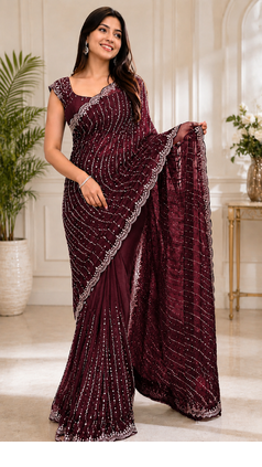 Maroon Color Original beeds work Space Silk Blend Saree 1