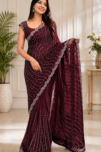 Maroon Color Original beeds work Space Silk Blend Saree