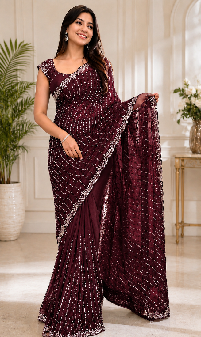 Maroon Color Original beeds work Space Silk Blend Saree