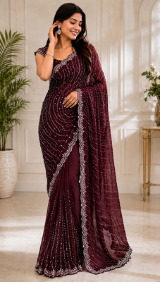 Maroon Color Original beeds work Space Silk Blend Saree 2