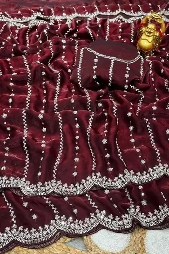 Maroon Color Original beeds work Space Silk Blend Saree