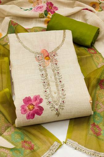 pink bandhej  linen cotton unstitched dress material 