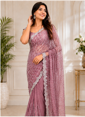 Pink Color Original beeds work Space Silk Blend Saree 2