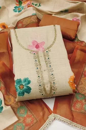 orange bandhej  linen cotton unstitched dress material 