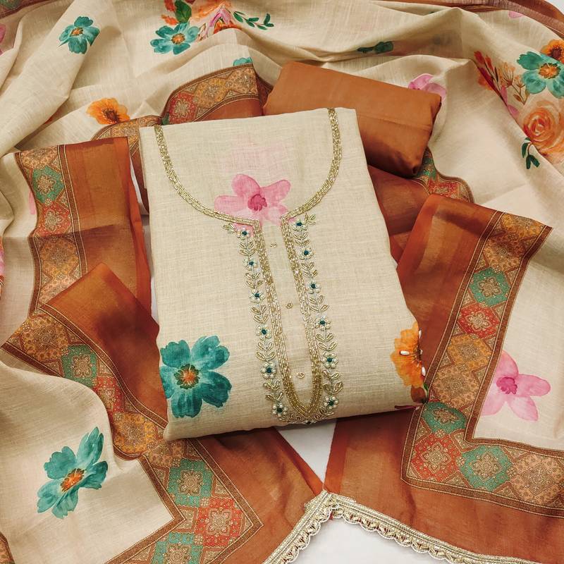 orange bandhej  linen cotton unstitched dress material 