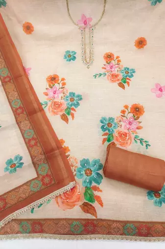 orange bandhej  linen cotton unstitched dress material 
