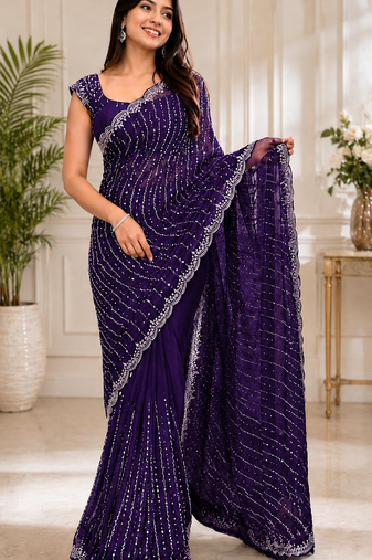Purple Color Original beeds work Space Silk Blend Saree