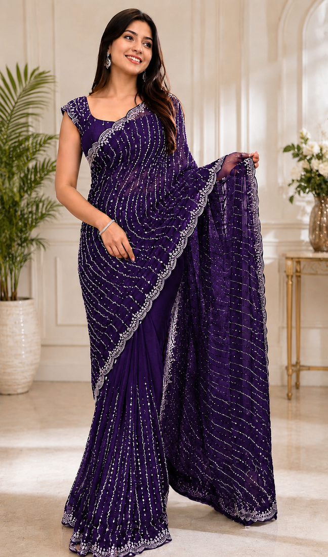 Purple Color Original beeds work Space Silk Blend Saree