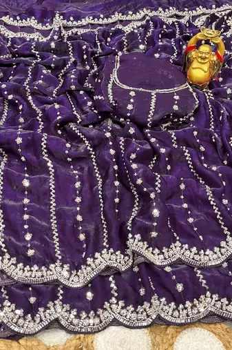 Purple Color Original beeds work Space Silk Blend Saree