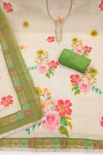 red bandhej  linen cotton unstitched dress material 