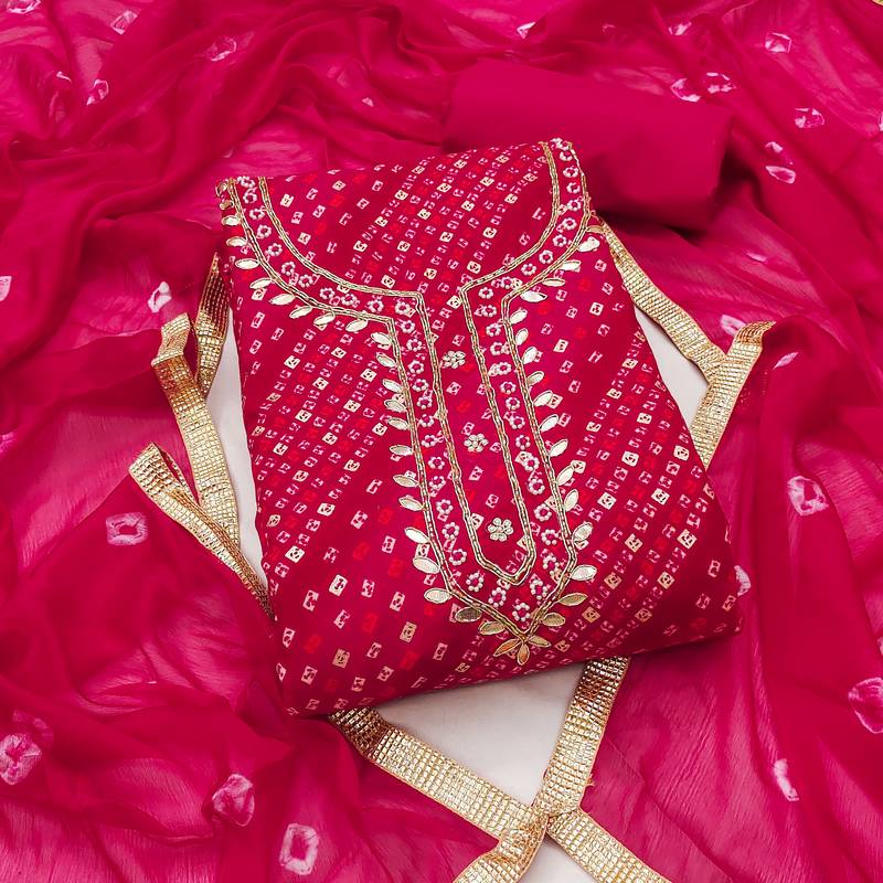 pink bandhej silk blend  unstitched dress material 