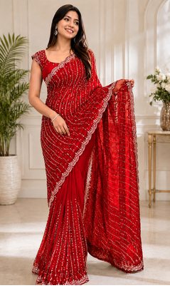 Red Color Original beeds work Space Silk Blend Saree 1