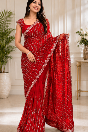Red Color Original beeds work Space Silk Blend Saree
