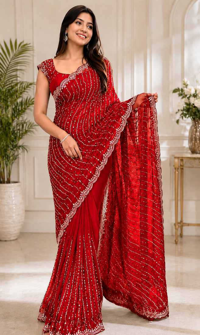 Red Color Original beeds work Space Silk Blend Saree