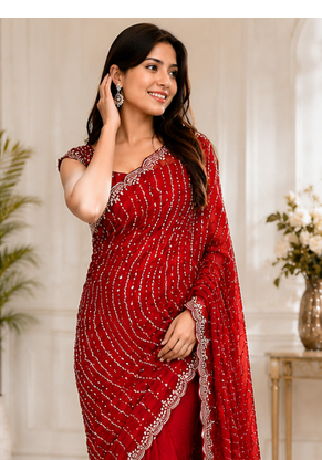 Red Color Original beeds work Space Silk Blend Saree 2