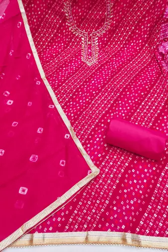 pink bandhej silk blend  unstitched dress material 