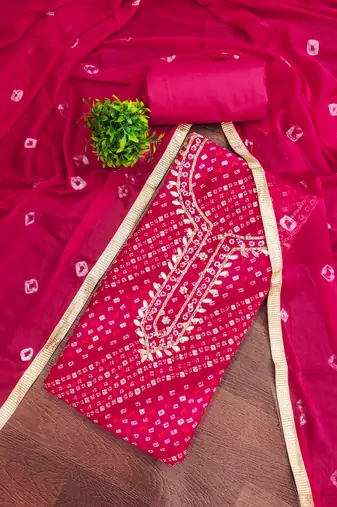 pink bandhej silk blend  unstitched dress material 
