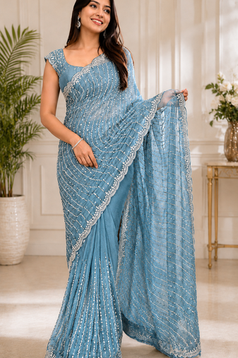 Sky Blue Color Original beeds work Space Silk Blend Saree