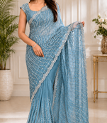 Sky Blue Color Original beeds work Space Silk Blend Saree