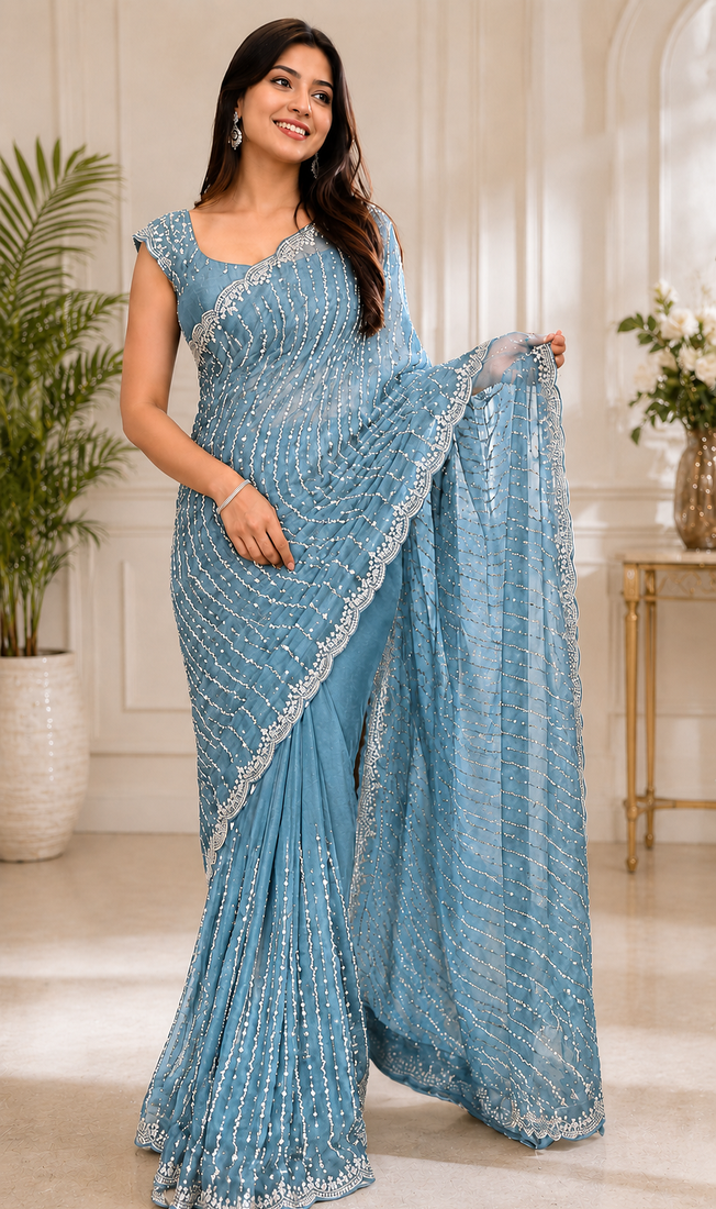 Sky Blue Color Original beeds work Space Silk Blend Saree