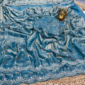 Sky Blue Color Original beeds work Space Silk Blend Saree 3