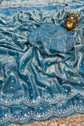 Sky Blue Color Original beeds work Space Silk Blend Saree