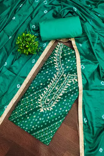sea green bandhej silk blend  unstitched dress material 