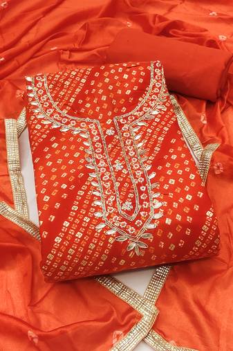 rust bandhej silk blend  unstitched dress material 