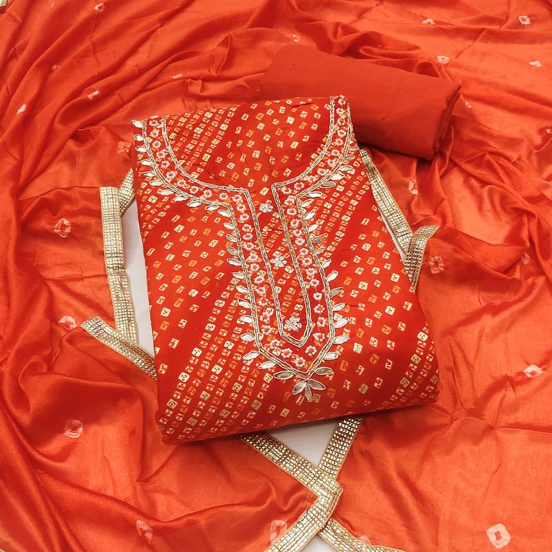 rust bandhej silk blend  unstitched dress material 